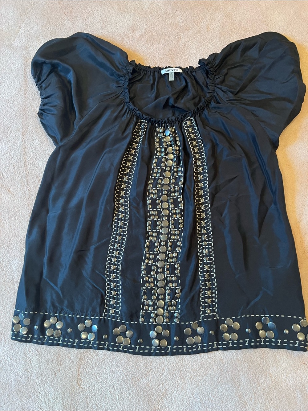 DKNY Black Embellished Short Sleeve Peasant Top (size 14)